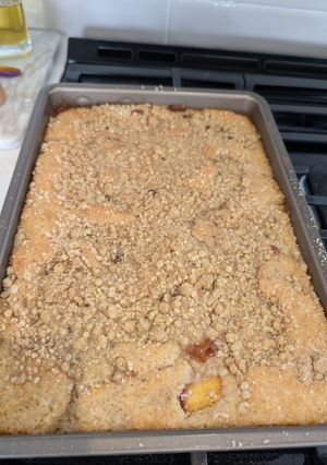 A picture of Scratch Streusel'd Peach Rhubarb Cobbler.
