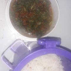 Vegie sauce and white rice A picture of Vegie sauce and white rice.