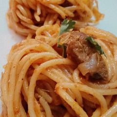 Spaghetti with meat ball in tandoori masala A picture of Spaghetti with meat ball in tandoori masala.