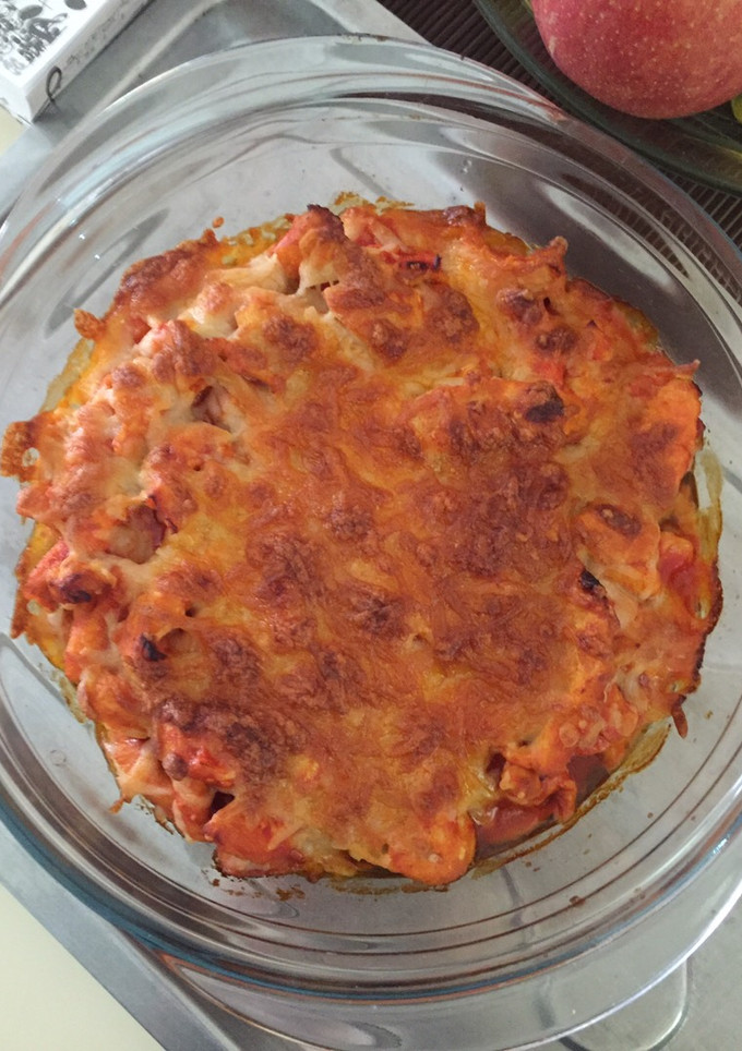 Una foto de Lasaña de patata, verduras y pollo estilo fajita