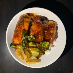 Asian Chicken over Jasmine Rice and Baby Bok Choy A picture of Asian Chicken over Jasmine Rice and Baby Bok Choy.