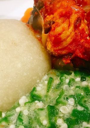A picture of Okra and catfish stew with eba.