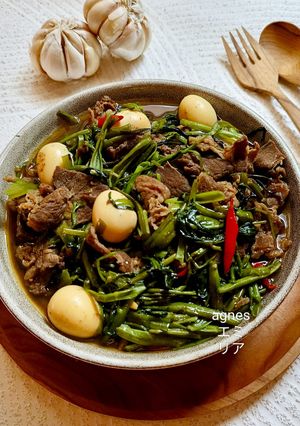 Foto resep Kangkung Cah Daging Telur Puyuh