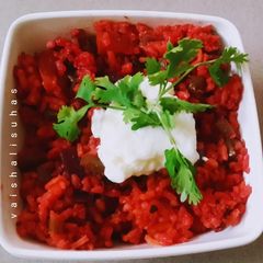 A picture of Beetroot Tomato Khichdi/ Red daal Khichdi.
