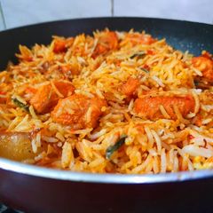 A picture of Hyderabadi Boneless Chicken 65 Biryani.