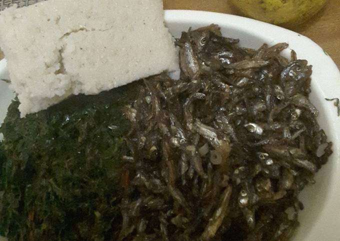 Dry fried Omena, and Kales with Ugali