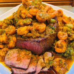 A picture of Air Fryer London Broil with Shrimp.