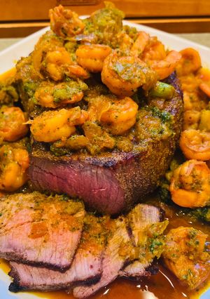 A picture of Air Fryer London Broil with Shrimp.