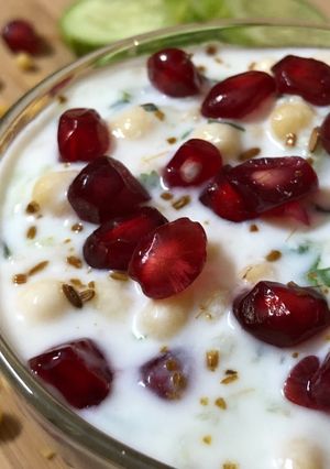 A picture of Cucumber Boondi Pomegranate Raita.