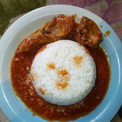 A picture of White rice and chicken stew.