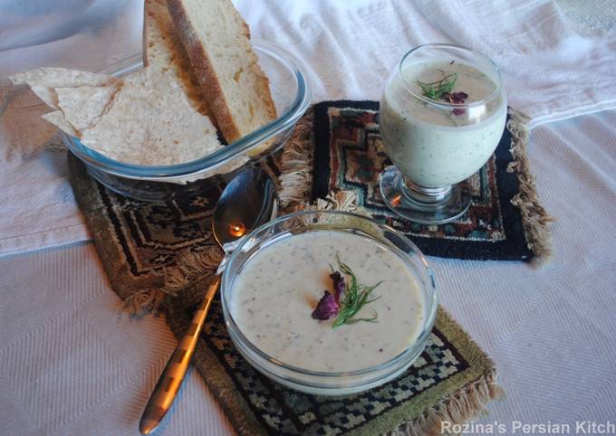 Cucumber soup with yogurt, raisins and walnut (Aab- dogh khiar)