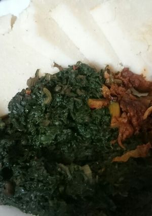 A picture of Ugali Beef spinach and kahurura. # author marathon contest#.