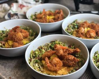 Easy Recipe Coconut Shrimp w Leek Slaw over Cajun Grits Delicious Steady