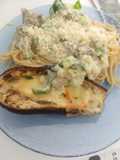 Fideos integrales con berenjena y salsa de puerro