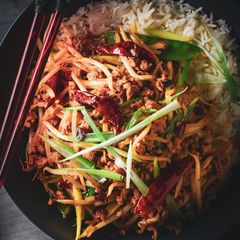 Spiced Pork With Bean Sprouts, Broadbean Paste & Chilli A picture of Spiced Pork With Bean Sprouts, Broadbean Paste & Chilli.