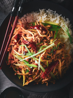 A picture of Spiced Pork With Bean Sprouts, Broadbean Paste & Chilli.