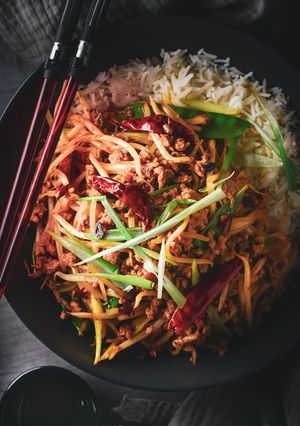 A picture of Spiced Pork With Bean Sprouts, Broadbean Paste & Chilli.
