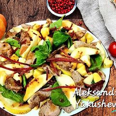 A picture of Salad with duck, pears, apples and beets.