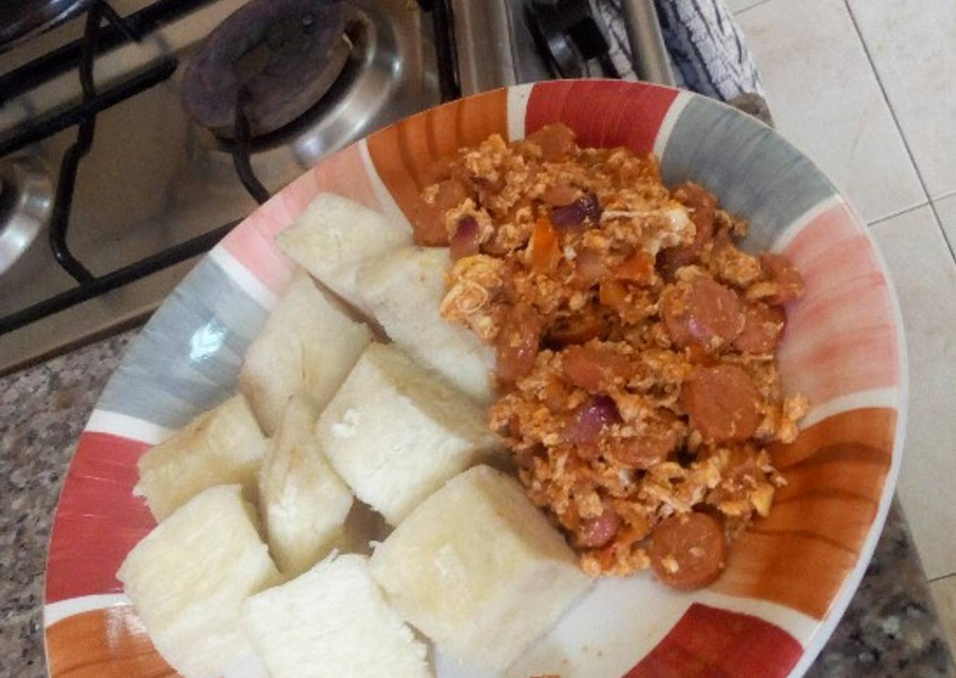 Yam and sausaged egg