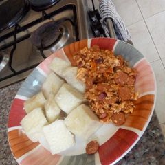 A picture of Yam and sausaged egg.