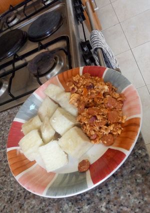 A picture of Yam and sausaged egg.