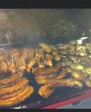 Grilled Pork Belly and Marinated Ribs with Potatoes, Zucchini, and Onions