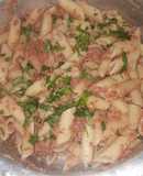 Penne in corned beef garnished with dhania