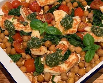 Update, Making Recipe Halloumi with pesto balsamic tomatoes spinach and chickpeas Practical Delicious