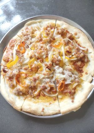 A picture of Ground Pork Pizza(no yeast and baking powder).