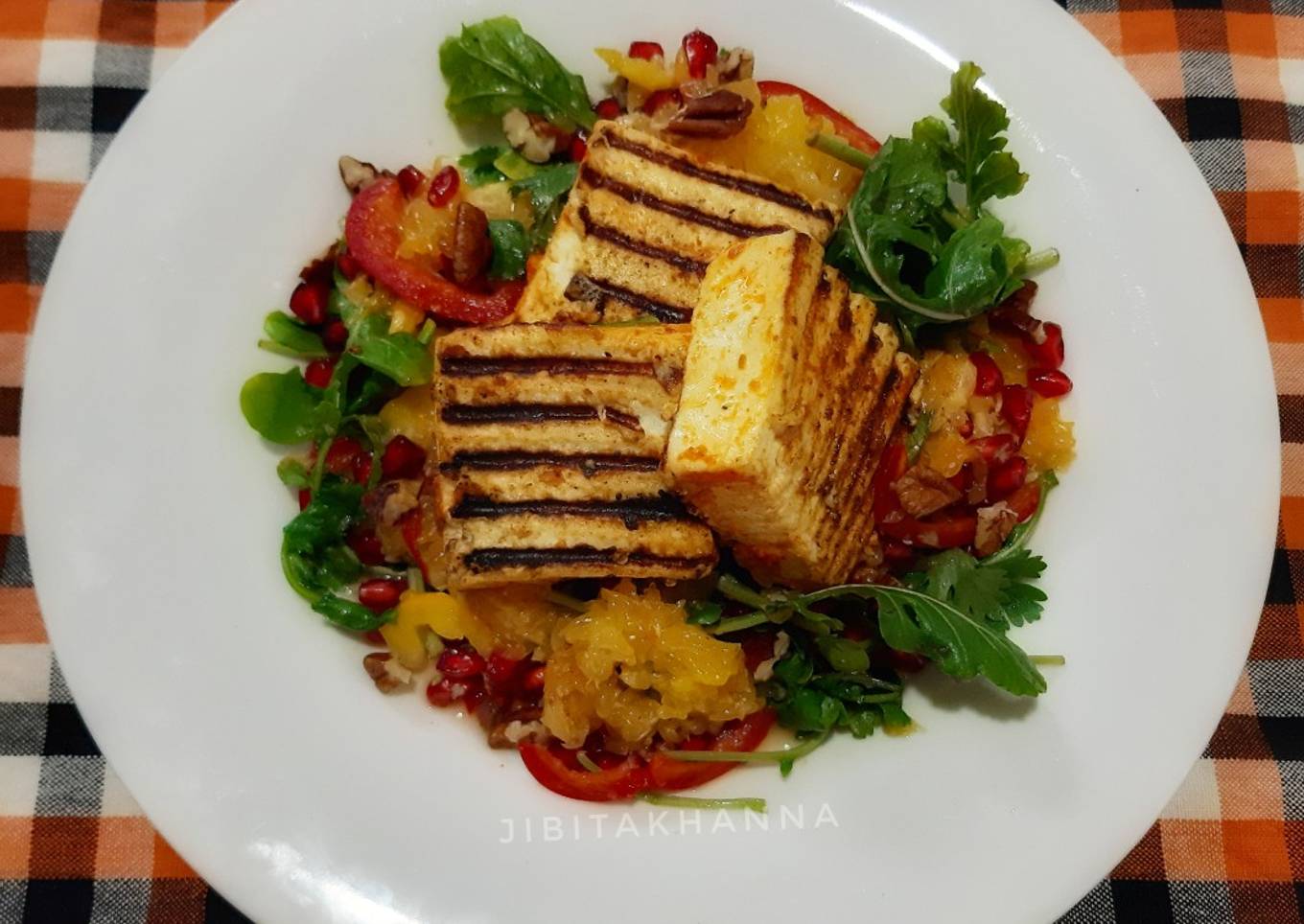 Grilled Garlic Paneer-Orange, Pomegranate Salad (A Healthy Meal)
