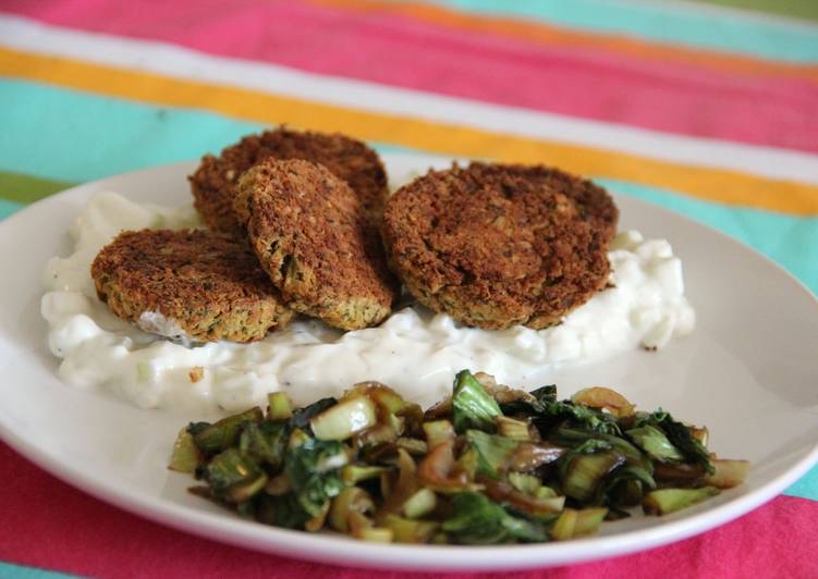 Oven baked felafel over Tzatziki-like sauce