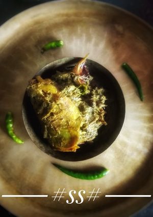 A picture of Kachu Saag with Hilsa fish #Cookpad.