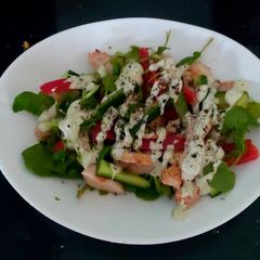A picture of My Left over chicken with Salad & Yogurt Mint Sauce.