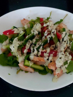 A picture of My Left over chicken with Salad & Yogurt Mint Sauce.