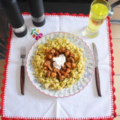 A picture of Chicken & mushroom paprikas with Hungarian dumplings.