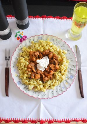 A picture of Chicken & mushroom paprikas with Hungarian dumplings.