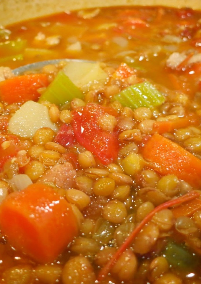 A picture of Dump & Simmer Lentil Soup with Bacon.