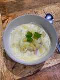 Milk soup with salmon and cod