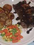 Chilli chocolate steak with caramelised sweet potato and veg