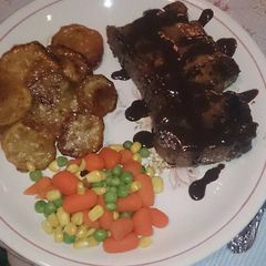 A picture of Chilli chocolate steak with caramelised sweet potato and veg.