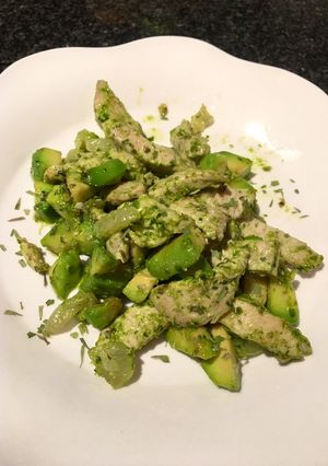 A picture of Chicken with Pesto and Avocado.
