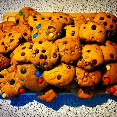 A picture of M&M, Dark & White Choc Chip Cookies.