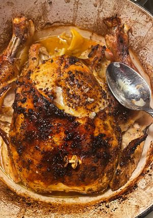 A picture of Oven roasted whole chicken.