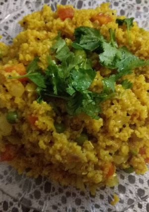 A picture of Jau Dalia veggies khichadi (barley veg pulav).