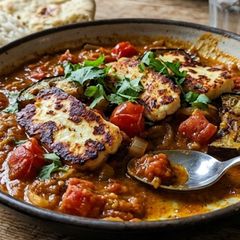 A picture of Halloumi and aubergine curry.