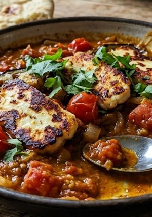 A picture of Halloumi and aubergine curry.