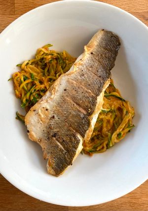 A picture of Courgetti Branzino - seabass with zoodles.