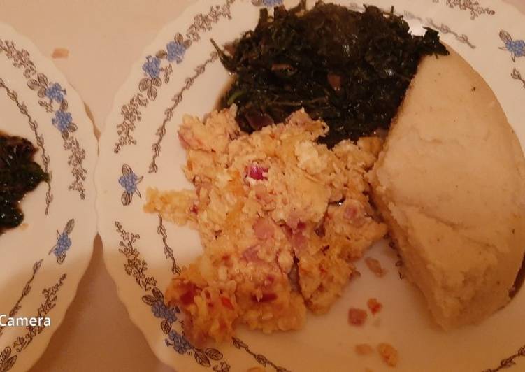 Ugali, Scrambled Eggs and Greens