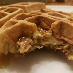 A picture of Chicken and Waffles on a Stick.