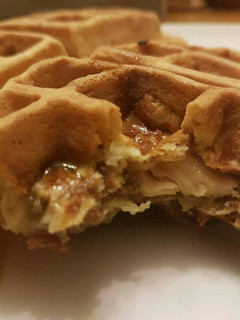 A picture of Chicken and Waffles on a Stick.